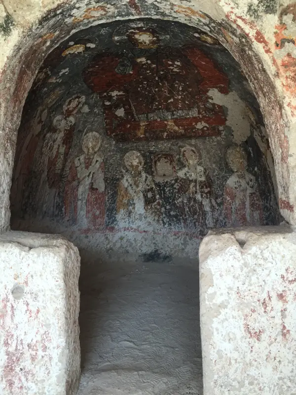 The artwork inside the cave church