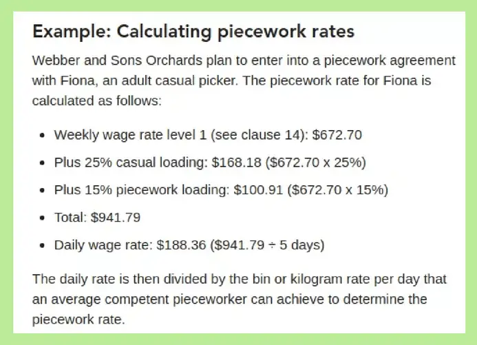 piecework rates australia