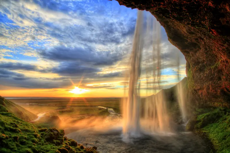 sunset waterfalls in iceland